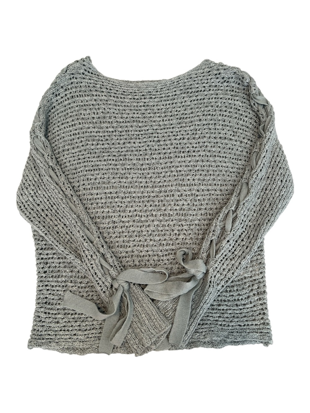 Rewind SzM Light Gray/Bluish Open Weave Knit Sweater Ribbon Detail Sleeves EUC